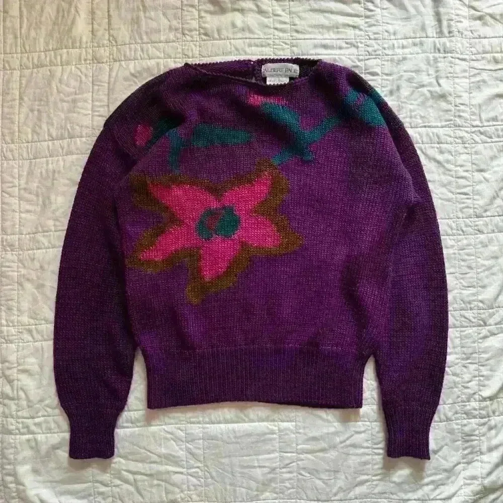 Vintage Albert Paul floral knit sweater women’s large plum purple artsy‎ boho